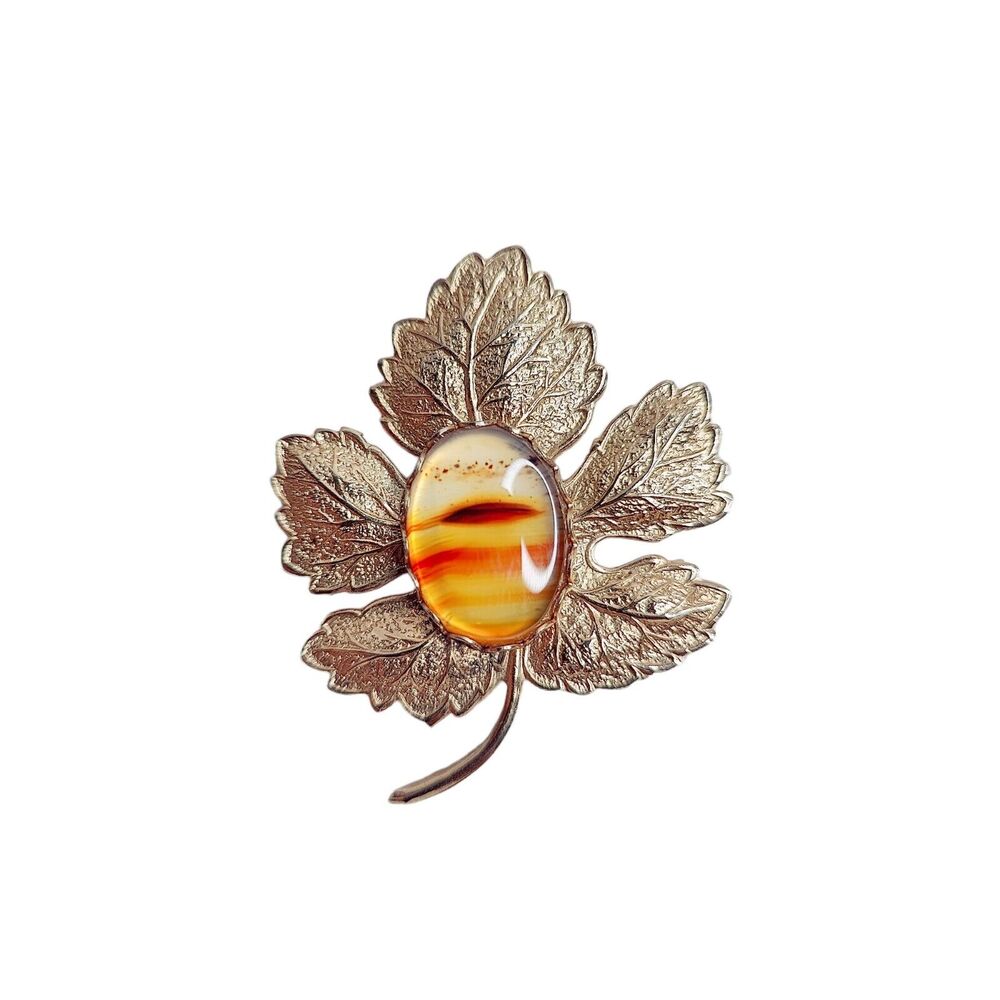 Gold Tone Metal Leafâ Brooch Pin With Multi Color Gemstone Middle Vintage